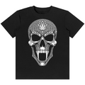 Shop the Blazehead Classic Tee by Teddy Blaze. 180 GSM cotton-spandex stretch tee with fanged leaf skull print reflecting stealth wealth from the TOPS line of The Mature Mocha Collection.