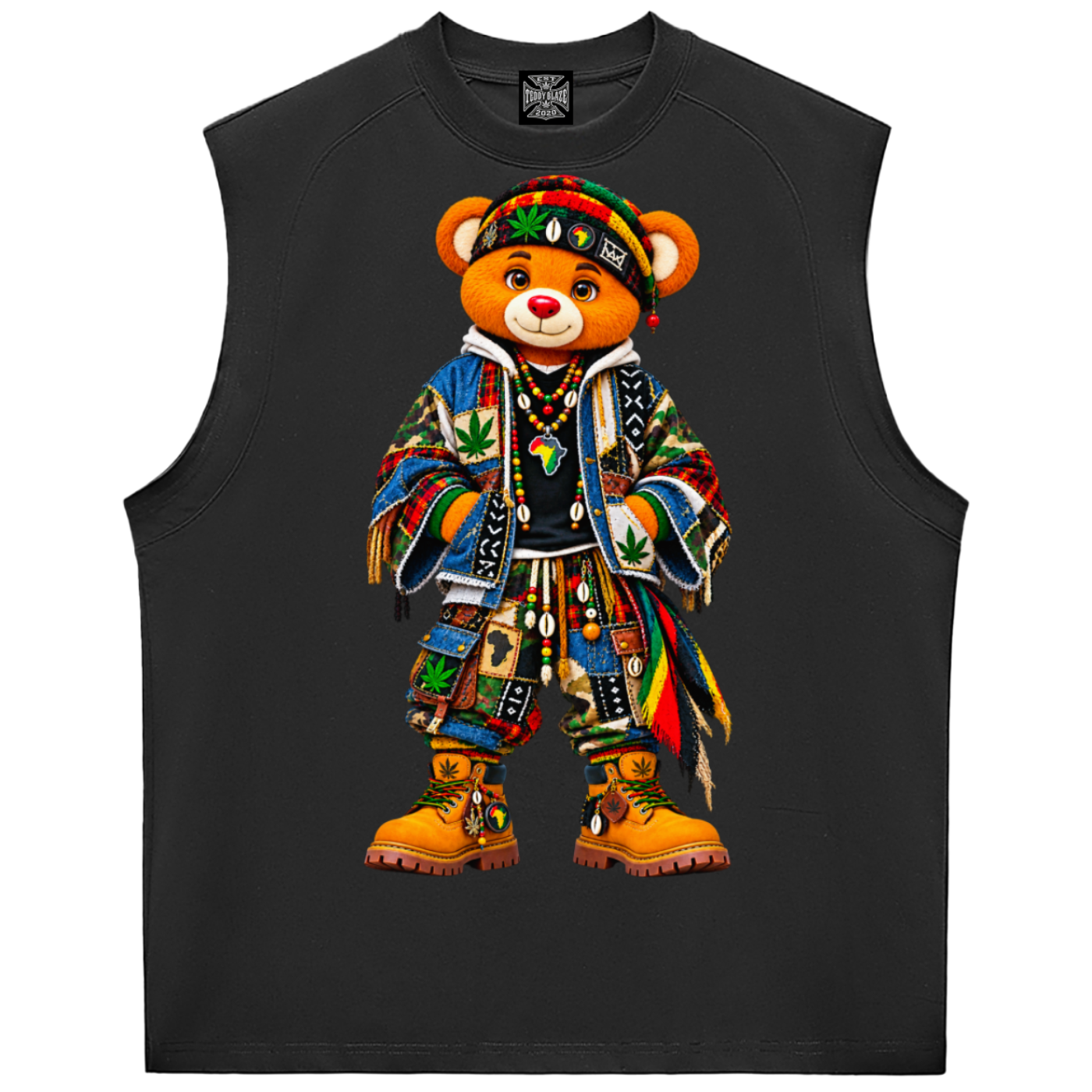 Shop the Boho Bearatoo Sorona Tank by Teddy Blaze, a unisex Afrocentric graphic tank blending AfroBohemian style, streetwear and cultural pattern.