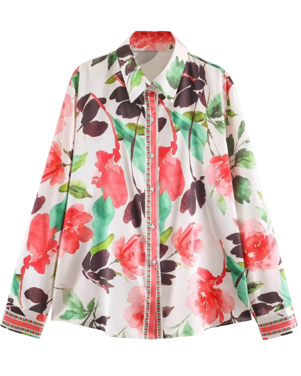 Shop the Iron + Ivy Botanical Rose Satin Button-Down Shirt by Teddy Blaze. Women’s relaxed satin-finish polyester shirt featuring a vibrant red rose floral print and geometric border trims.