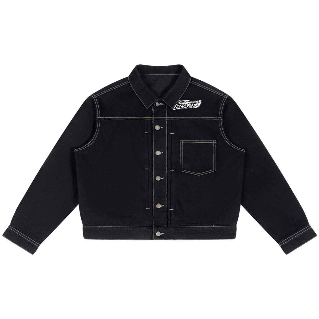 Elevate your luxury denim jacket lineup with the House of Teddy Blaze Afro Yorker Box Cut Denim Jacket. Heavyweight 428 gsm black cotton-poly denim jacket, contrast white stitching, Afro Yorker portrait, and NYC Statue of Liberty back emblem embroidery. Shop NYC to Vegas style.