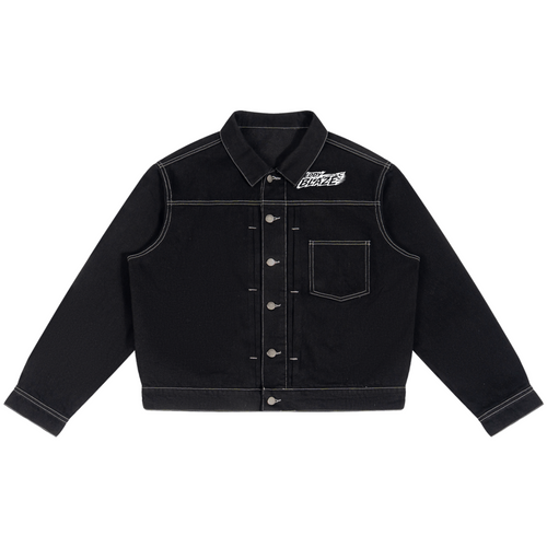 Elevate your luxury denim jacket lineup with the House of Teddy Blaze Afro Yorker Box Cut Denim Jacket. Heavyweight 428 gsm black cotton-poly denim jacket, contrast white stitching, Afro Yorker portrait, and NYC Statue of Liberty back emblem embroidery. Shop NYC to Vegas style.