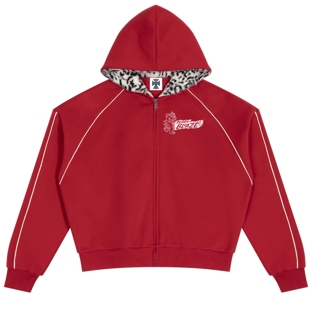 Elevate your outerwear rotation with the House of Teddy Blaze Afro Yorker Box Cut Leopard Lined Pipe Detail Zip Jacket. Crimson red 305 gsm extra-thick zip jacket, snow leopard fleece-lined hood, raglan sleeve piping, Afro Yorker embroidery, and NYC Statue of Liberty back emblem. Shop NYC to Vegas style.