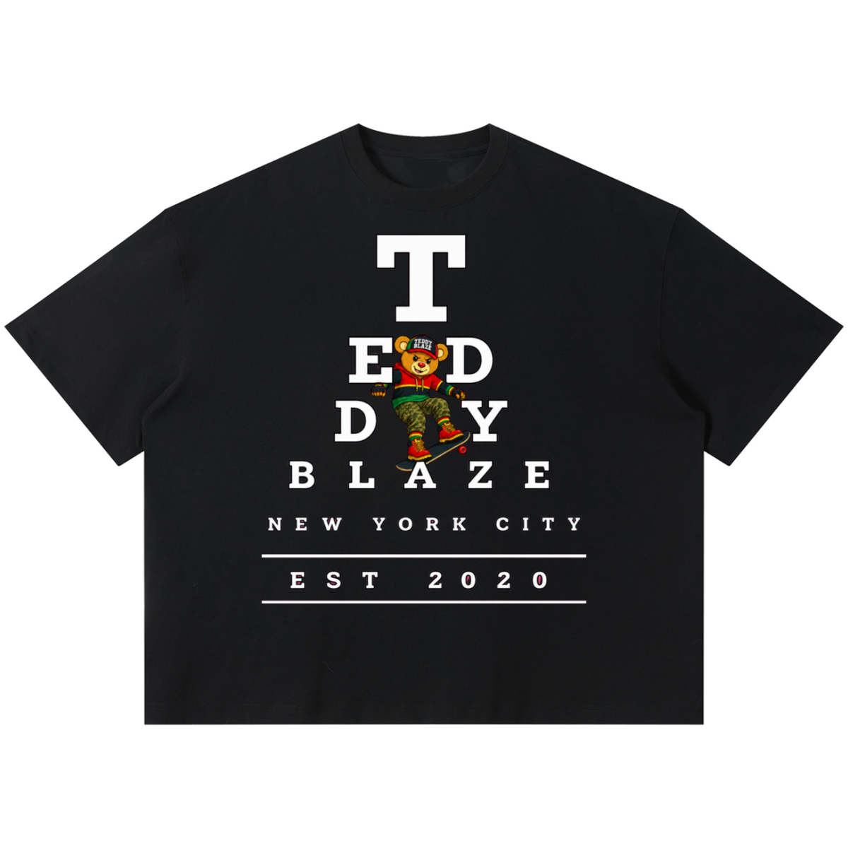 Shop the Boxy Eyechart Tee by Teddy Blaze. 220 GSM cotton-poly oversized drop-shoulder t-shirt with Snellen eye chart graphic from TOPS BY TEDDY BLAZE.