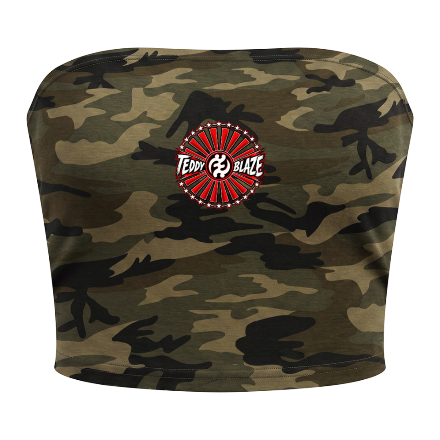 Shop the Teddy Blaze Brand Rising Camo Cropped Tube Top, a stretch-cotton women's crop featuring woodland camouflage and the signature Gye Nyame Rising emblem.
