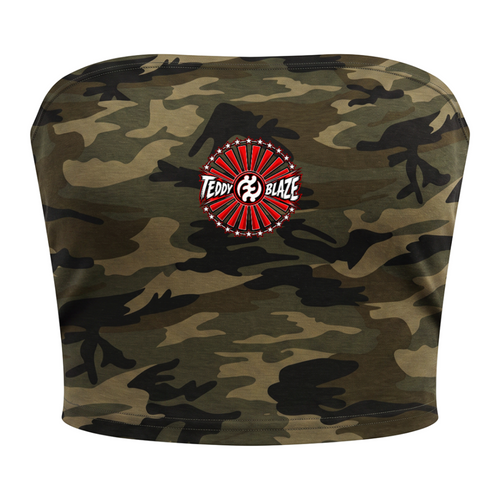 Shop the Teddy Blaze Brand Rising Camo Cropped Tube Top, a stretch-cotton women's crop featuring woodland camouflage and the signature Gye Nyame Rising emblem.