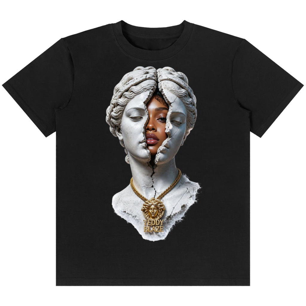 Shop the Breaking the Curse Classic Tee by Teddy Blaze. 180 GSM cotton-spandex stretch tee with classical marble bust graphic reflecting stealth wealth from the TOPS line of The Mature Mocha Collection.