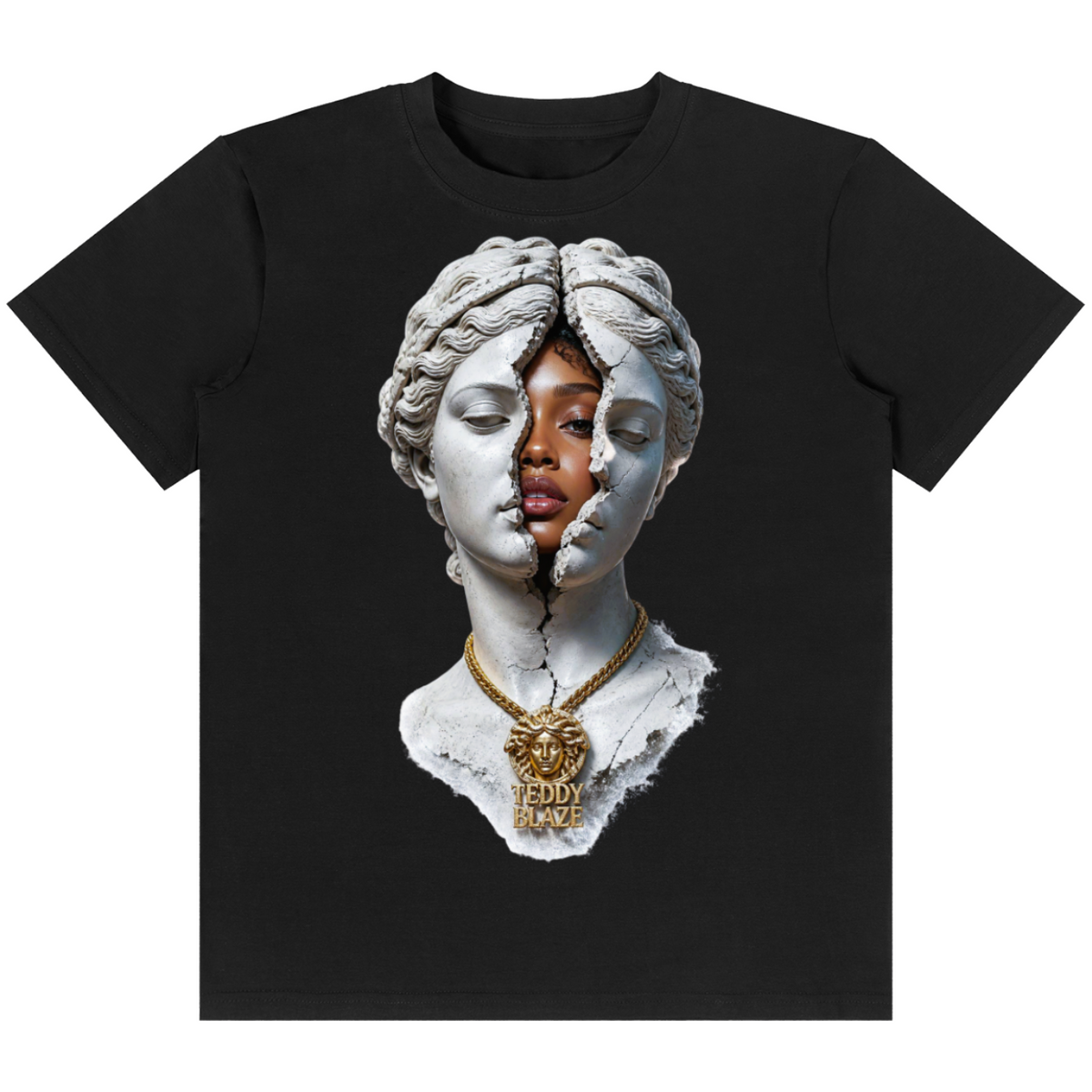 Shop the Breaking the Curse Classic Tee by Teddy Blaze. 180 GSM cotton-spandex stretch tee with classical marble bust graphic reflecting stealth wealth from the TOPS line of The Mature Mocha Collection.