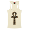 An off-white racerback tank top featuring a large, detailed Ankh symbol printed on the front. The Ankh is styled with a brown and black plaid pattern and adorned with small white rhinestone-like accents.