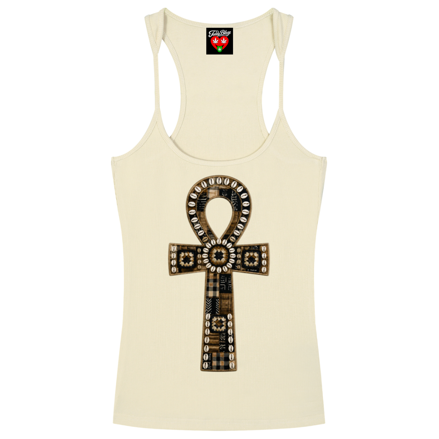 An off-white racerback tank top featuring a large, detailed Ankh symbol printed on the front. The Ankh is styled with a brown and black plaid pattern and adorned with small white rhinestone-like accents.