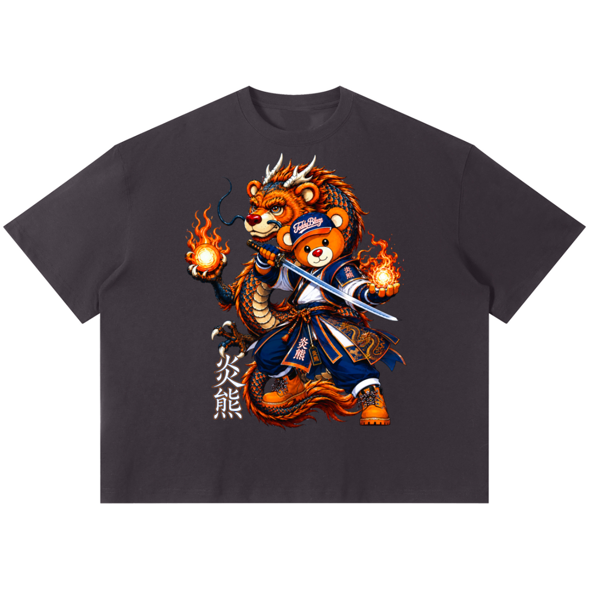 Shop the Team Dragon Boxy Tee by Teddy Blaze. 220 GSM cotton-poly oversized drop-shoulder t-shirt with samurai dragon graphic from TOPS BY TEDDY BLAZE.