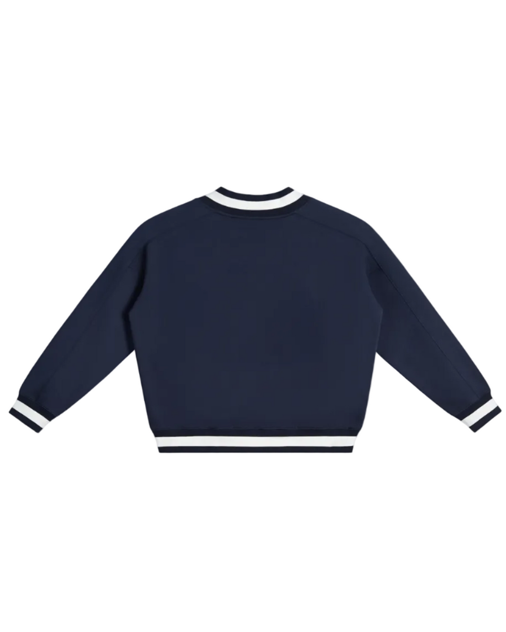 Shop the Iron + Ivy Signature Contrast Collar Cotton Boxy Jumper by Teddy Blaze. Heavyweight 380 GSM navy cotton V-neck jumper with striped ribbed trim and golf bear chest graphic.