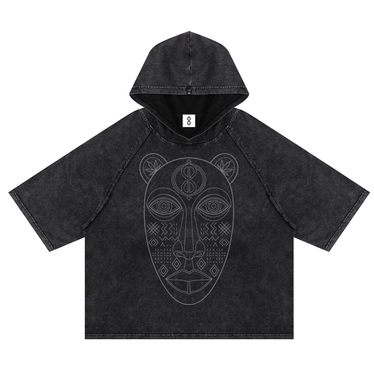 A dark gray acid-wash short-sleeve hoodie with a tonal light gray line-art graphic of an African tribal mask on the front, displayed against a solid white background.