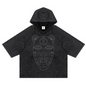 A dark gray acid-wash short-sleeve hoodie with a tonal light gray line-art graphic of an African tribal mask on the front, displayed against a solid white background.