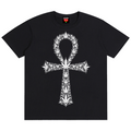 Black t-shirt with a white logo on a white background