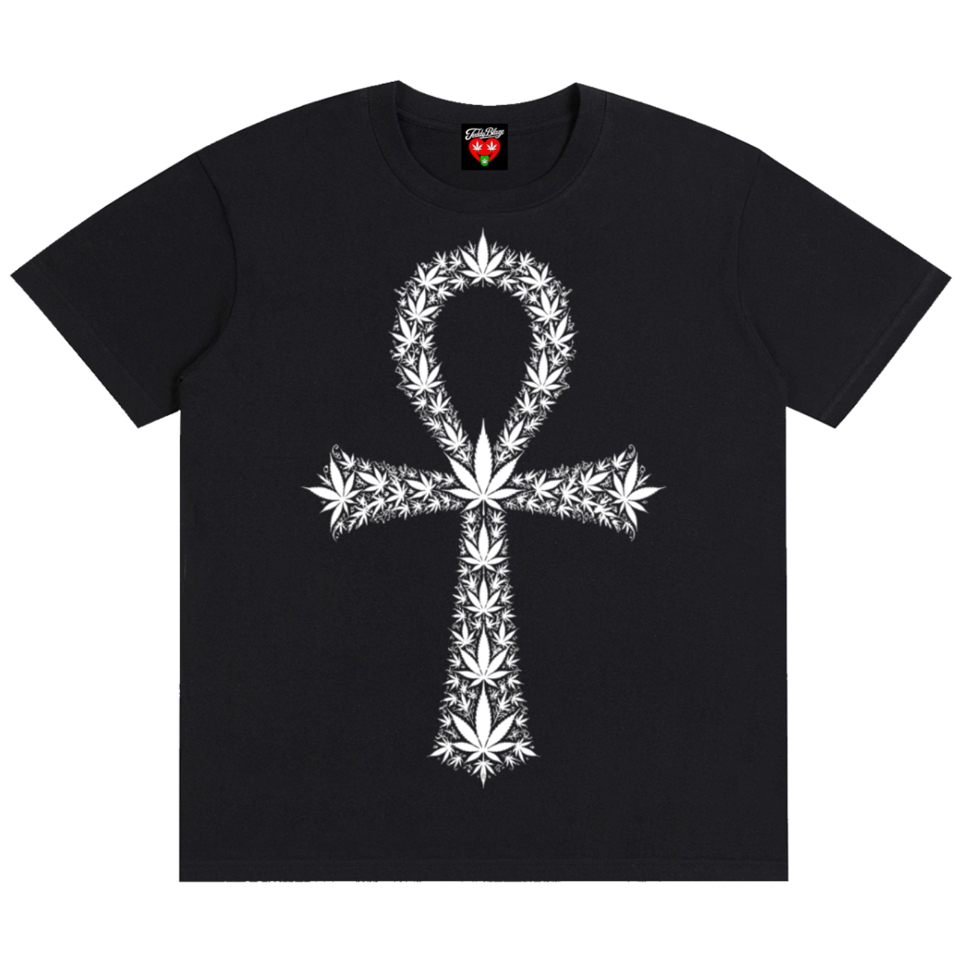 Black t-shirt with a white logo on a white background