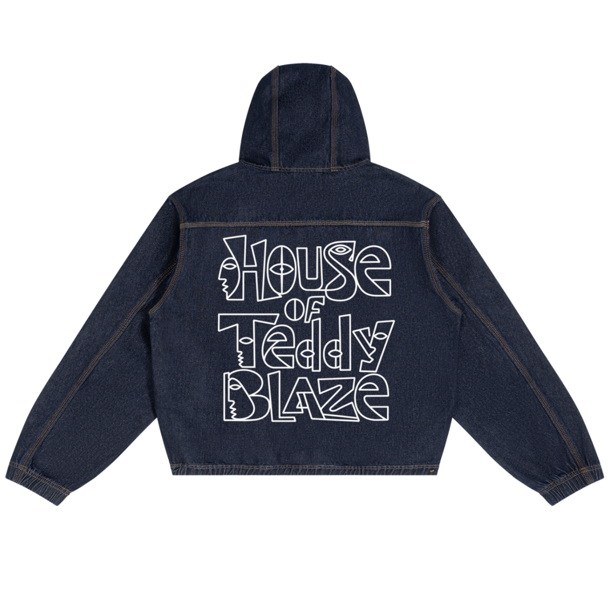 A dark navy blue cropped denim hoodie shown from the back, featuring a large white graphic text print that reads 'House of Teddy Blaze' across the back.