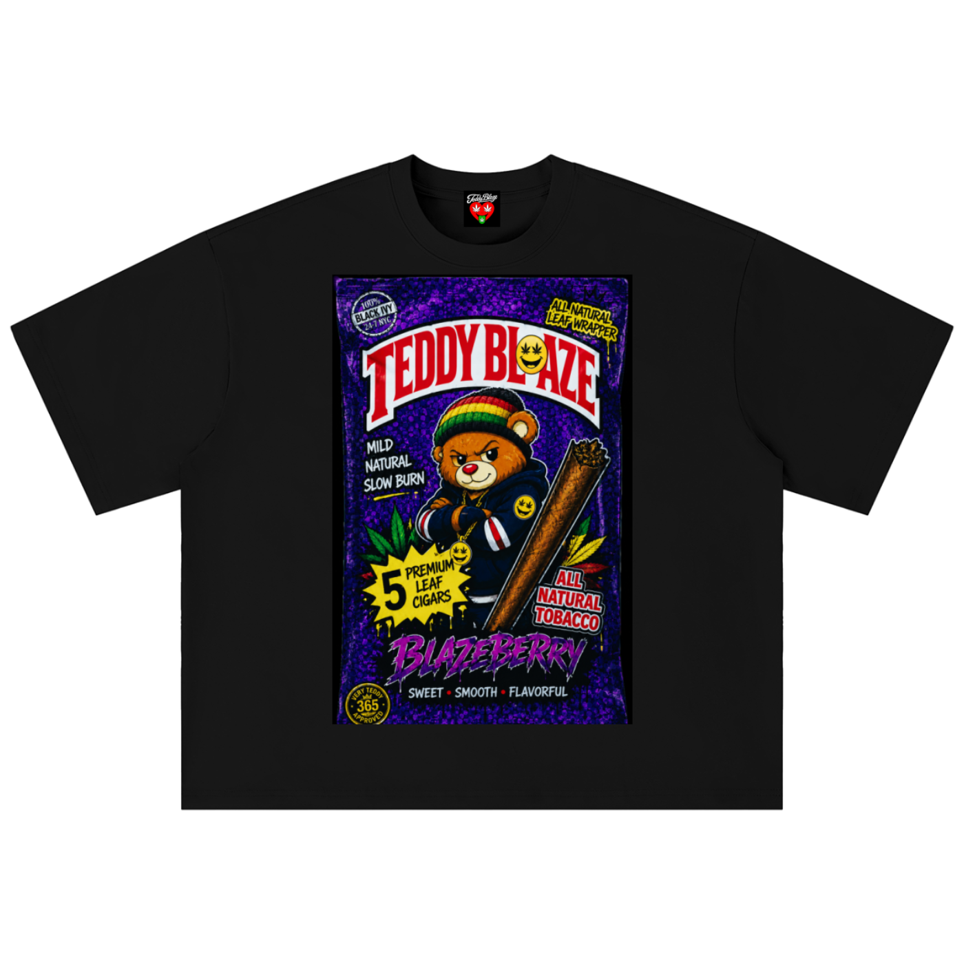 A black short-sleeve t-shirt with a large, colorful retro-style graphic print on the front. The graphic features a cartoon teddy bear holding a cigar, styled like a vintage comic book cover with the text 'TEDDY BLAZE' and 'Blueberry'.