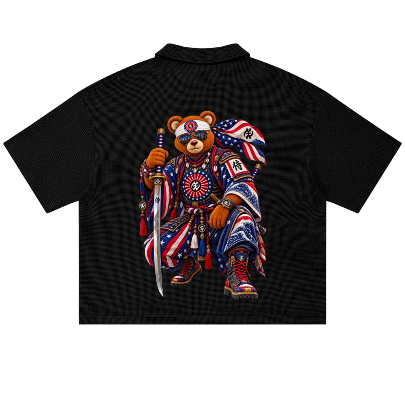 Shop the Teddy Blaze Brand Rising Waffle Knit Boxy Polo with textured cotton-blend construction, Gye Nyame branding and bold Teddy Blaze Samurai artwork.