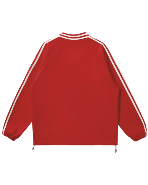 Shop the Iron + Ivy Signature Contrast Trim Long Cotton Polo by Teddy Blaze. Crimson red 380 GSM cotton long-sleeve polo with striped lapel collar, raglan sleeves, and drawstring hem.