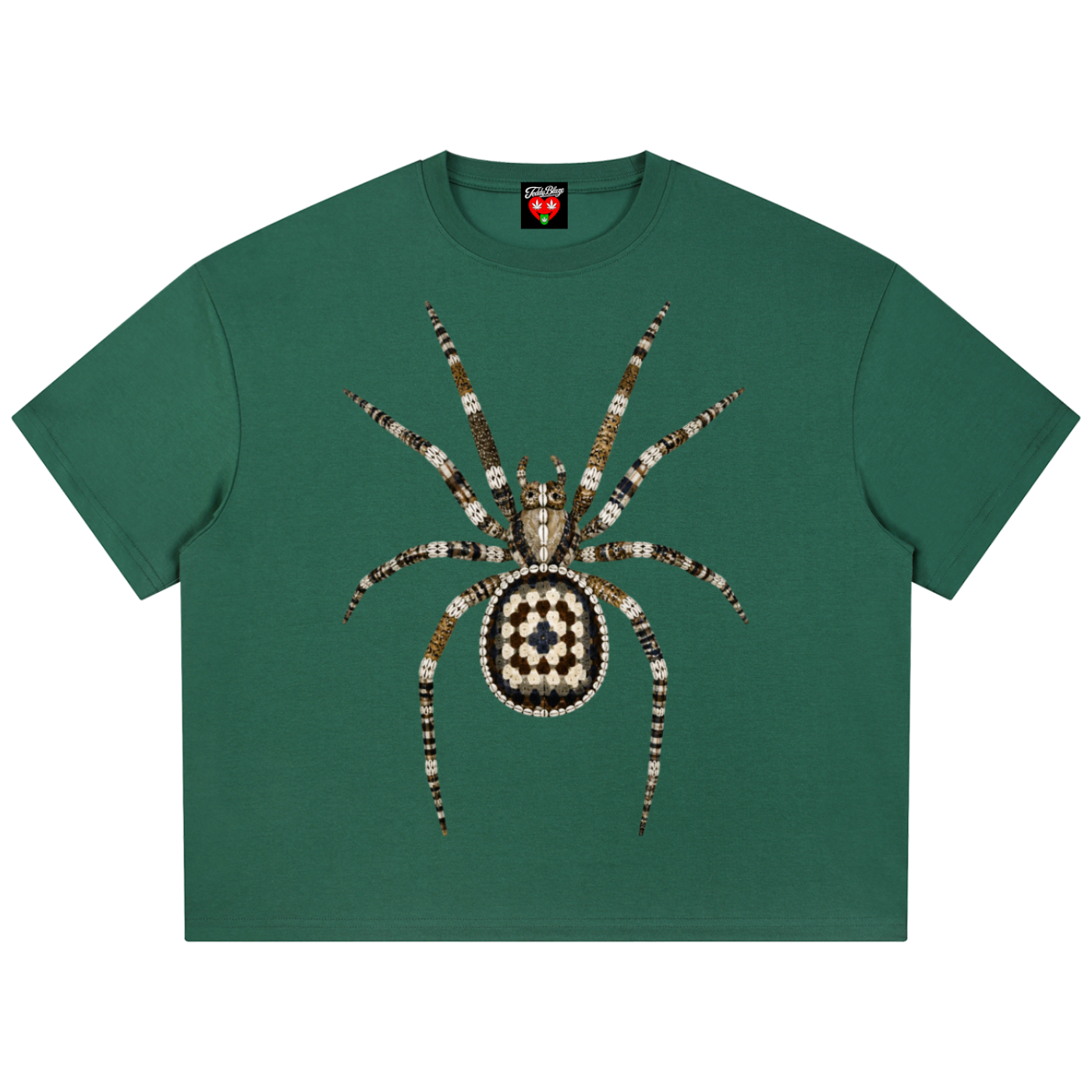 A dark green short-sleeve t-shirt featuring a large, detailed spider graphic on the front. The spider is decorated with a crown and made of intricate patterns of gold, brown, black, and white.