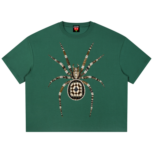 A dark green short-sleeve t-shirt featuring a large, detailed spider graphic on the front. The spider is decorated with a crown and made of intricate patterns of gold, brown, black, and white.