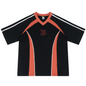 Black sports jersey with red accents and a logo on a white background
