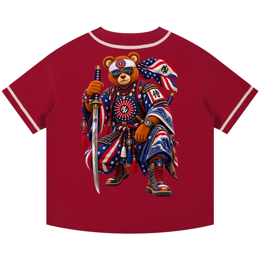 Teddy Blaze Brand Rising Baseball Jersey in deep red with contrast piping, Brand Rising chest emblem and statement Teddy Blaze Samurai back artwork.