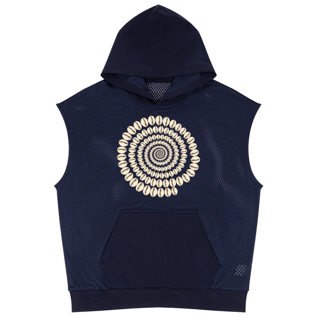 A navy blue sleeveless mesh hoodie with a large circular shell pattern printed on the chest, set against a plain white background.