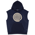 A navy blue sleeveless mesh hoodie with a large circular shell pattern printed on the chest, set against a plain white background.