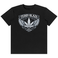 A black short-sleeve crewneck t-shirt featuring a white graphic print on the front. The graphic displays a stylized cannabis leaf with wings, surrounded by the text 'TEDDY-BLAZE' at the top and 'EST.