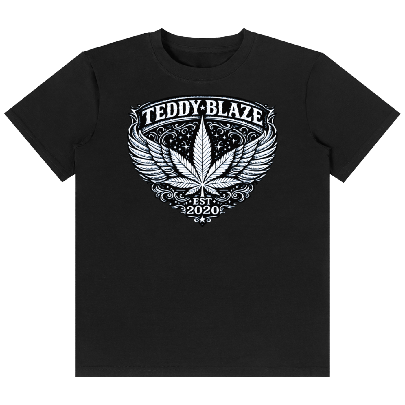 A black short-sleeve crewneck t-shirt featuring a white graphic print on the front. The graphic displays a stylized cannabis leaf with wings, surrounded by the text 'TEDDY-BLAZE' at the top and 'EST.