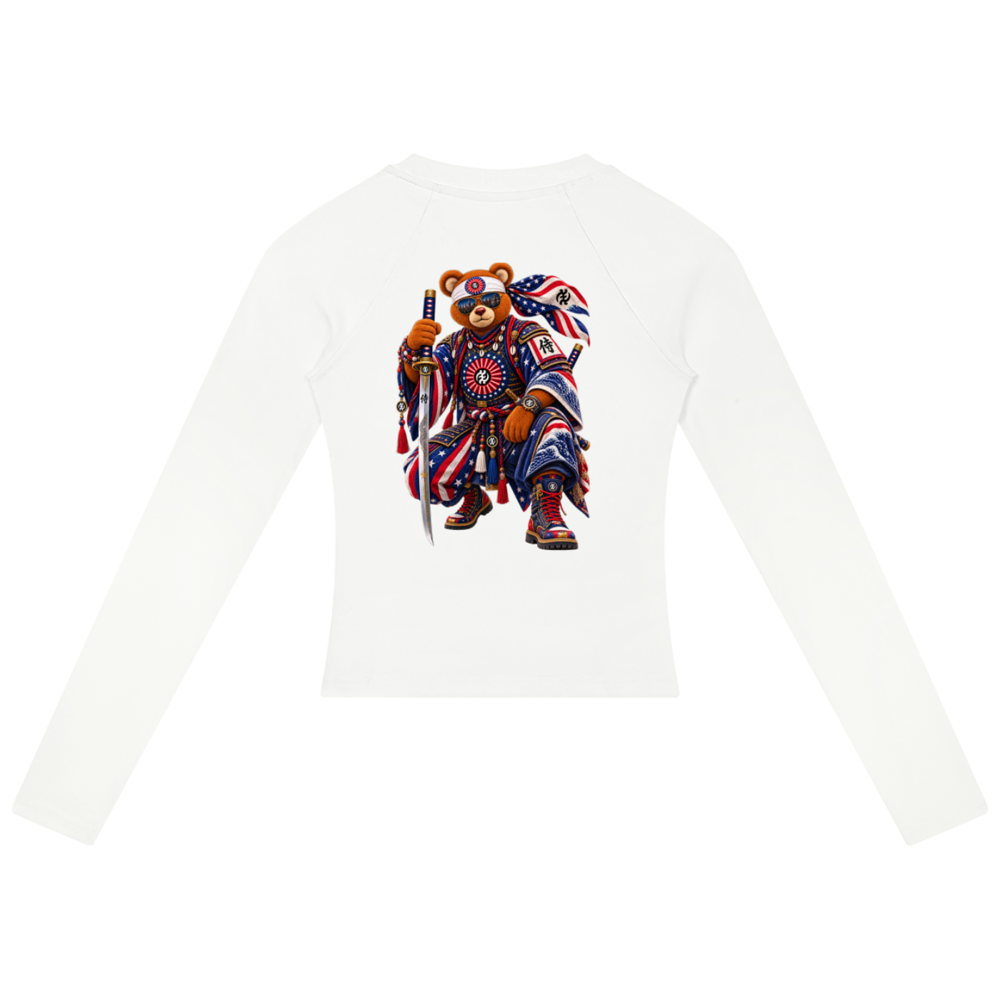 Shop the Teddy Blaze Brand Rising Slim Raglan Jumper, a fitted stretch-cotton women's top featuring the Brand Rising Gye Nyame emblem and Teddy Blaze Samurai artwork.