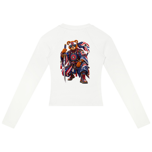 Shop the Teddy Blaze Brand Rising Slim Raglan Jumper, a fitted stretch-cotton women's top featuring the Brand Rising Gye Nyame emblem and Teddy Blaze Samurai artwork.