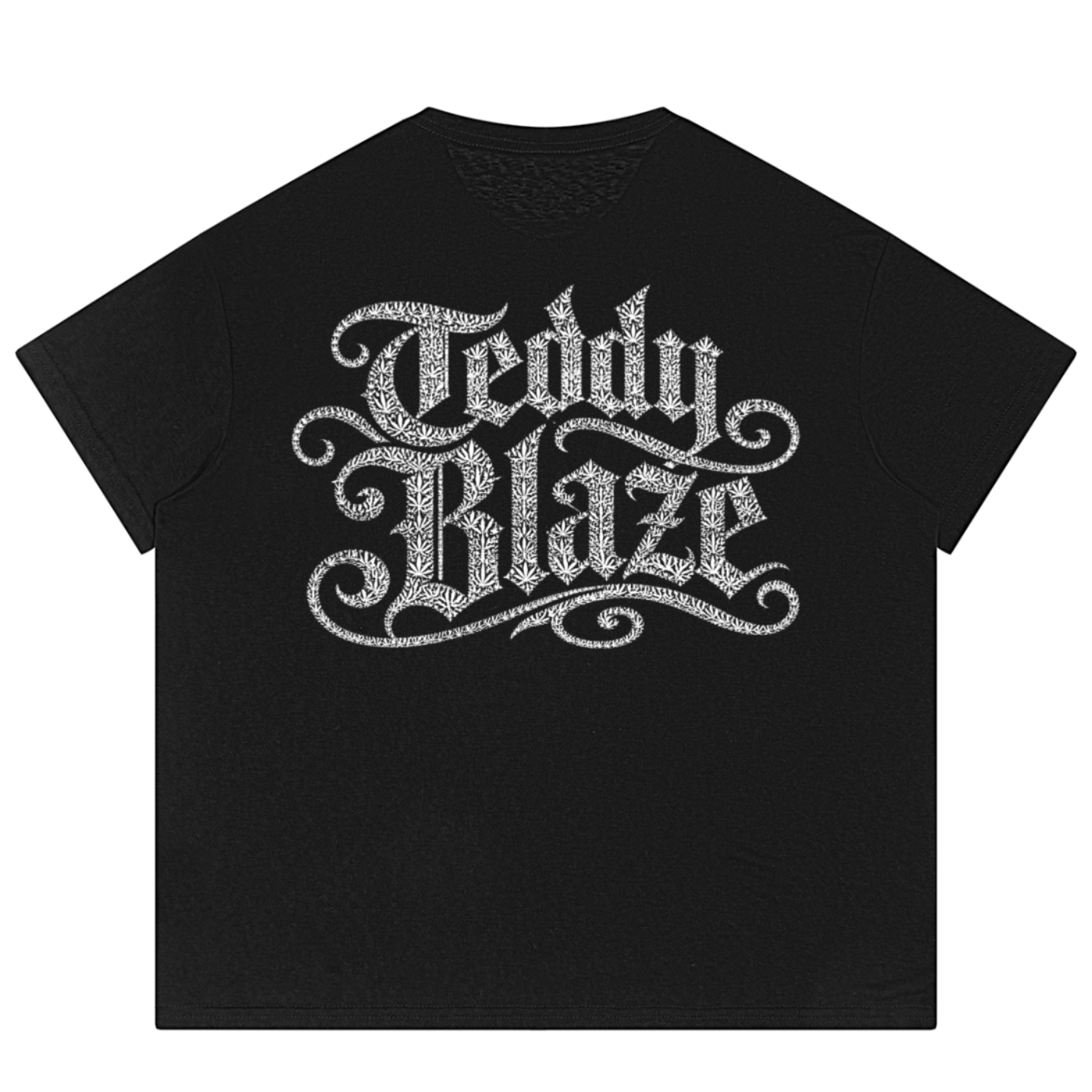 A black short-sleeve t-shirt with a large, stylized silver glitter-textured graphic reading 'Teddy Blaze' across the chest, presented on a solid white background.