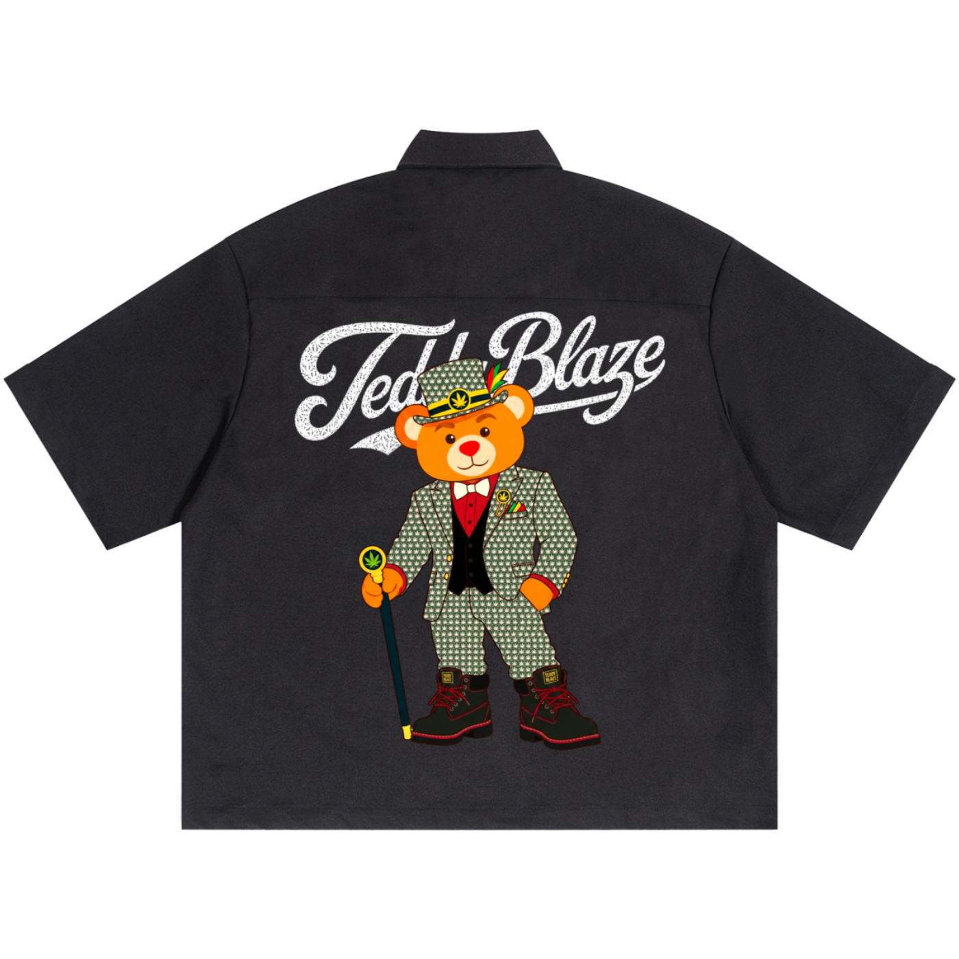 A black short-sleeve button-up shirt shown flat against a white background, featuring a large graphic on the back with the words 'Ted's Blaze' in white script above a cartoon teddy bear wearing a gray patterned suit and holding a cane.