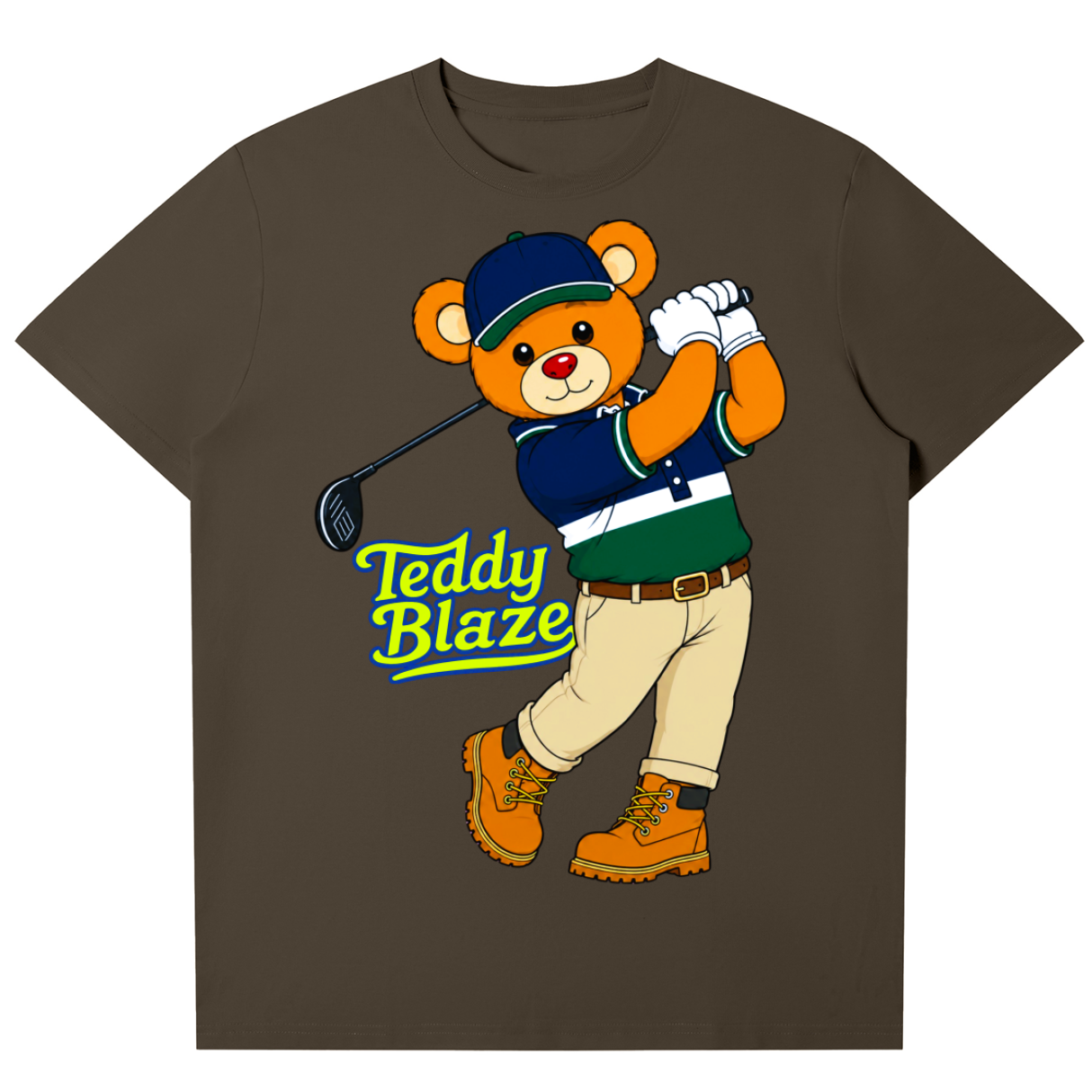 T-shirt with a bear character holding a golf club and 'Teddy Blaze' text on a brown background