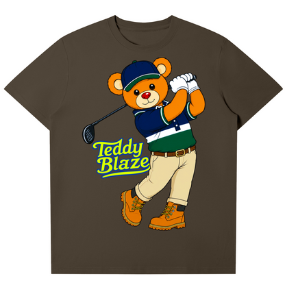 T-shirt with a bear character holding a golf club and 'Teddy Blaze' text on a brown background