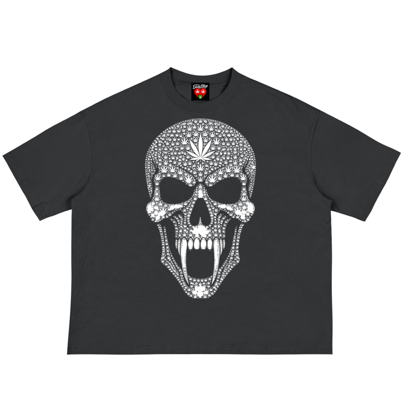 A black short-sleeve t-shirt featuring a large white skull graphic on the front, decorated with a dotted pattern and a cannabis leaf on the forehead. The shirt is displayed flat against a solid white background.