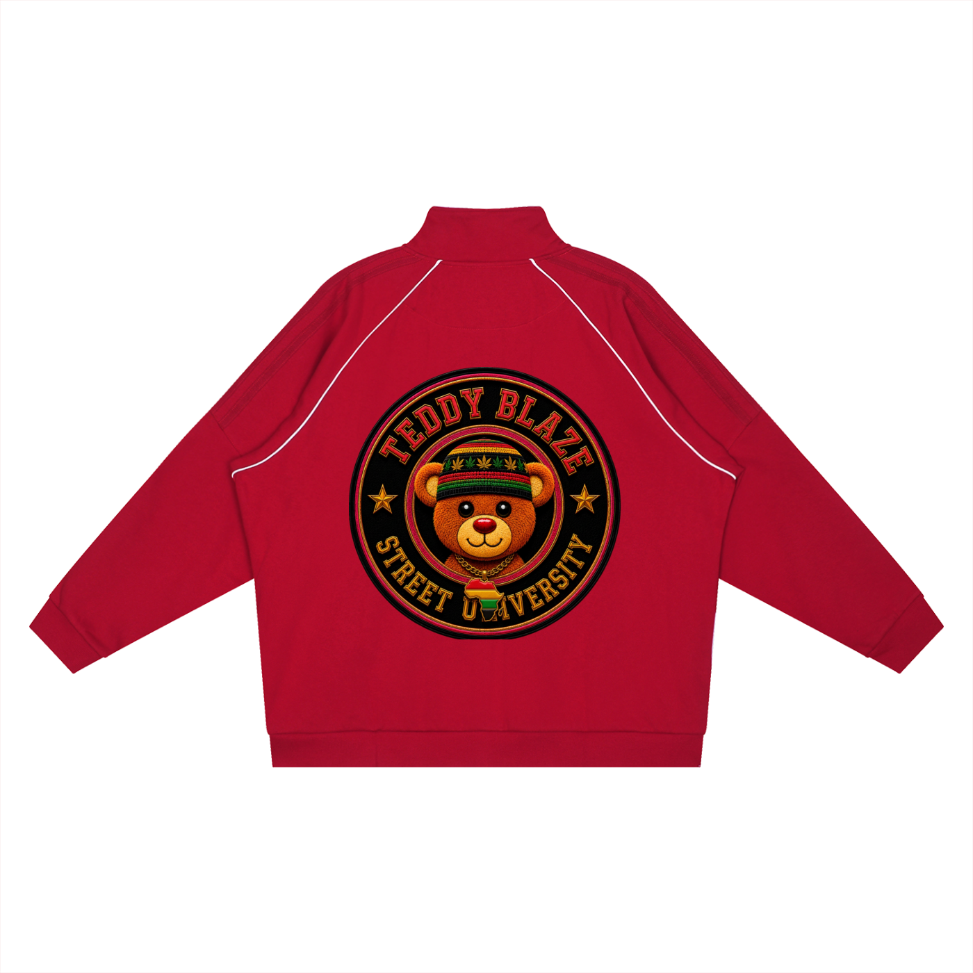 A red zip-up jacket shown from the back, featuring a large circular graphic of a teddy bear wearing a graduation cap with the text 'TEDDY BLAZE' and 'STREET UNIVERSITY'.