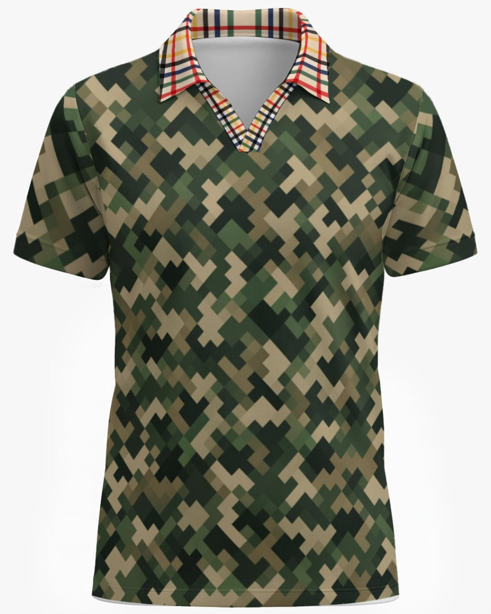 Shop the Iron + Ivy Camo Tartan Mesh Open Polo by Teddy Blaze. Breathable mesh golf polo featuring a digital camouflage body with a contrast Rasta tartan open collar.