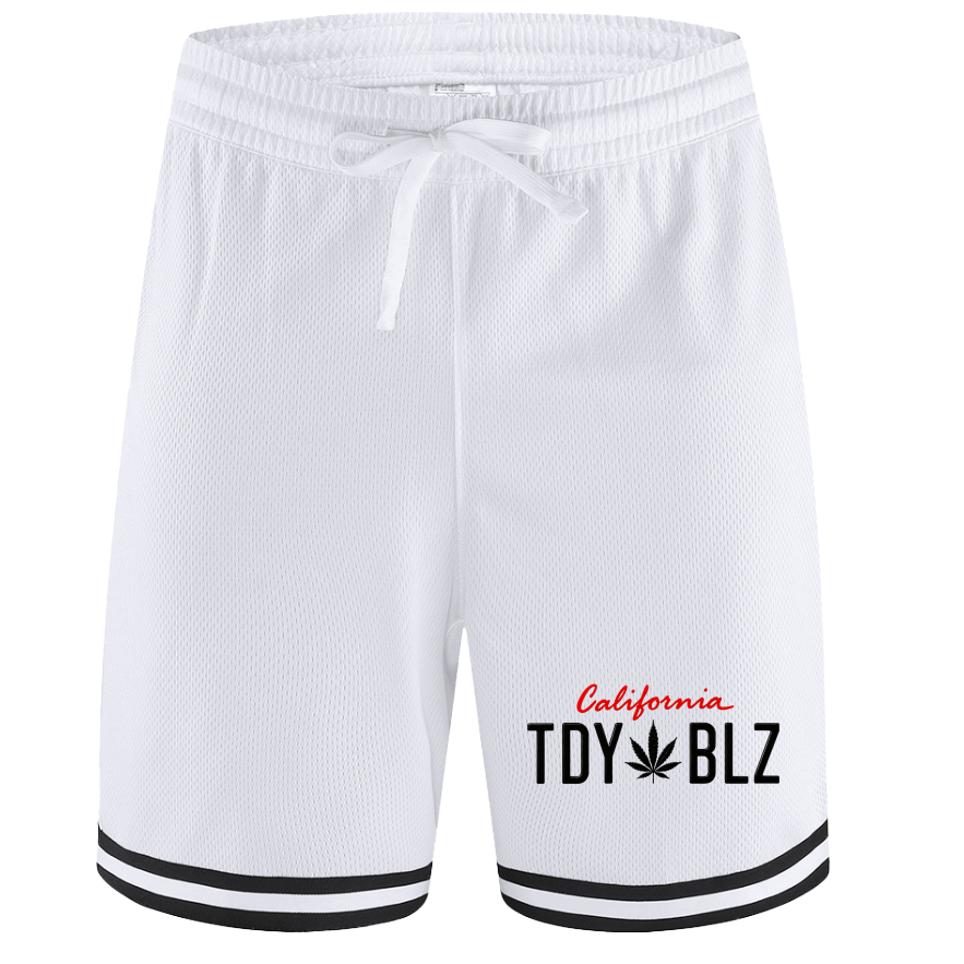 White athletic shorts with a white drawstring waist, black and white striped hems, and a 'California TOY BLZ' logo printed on the left leg.