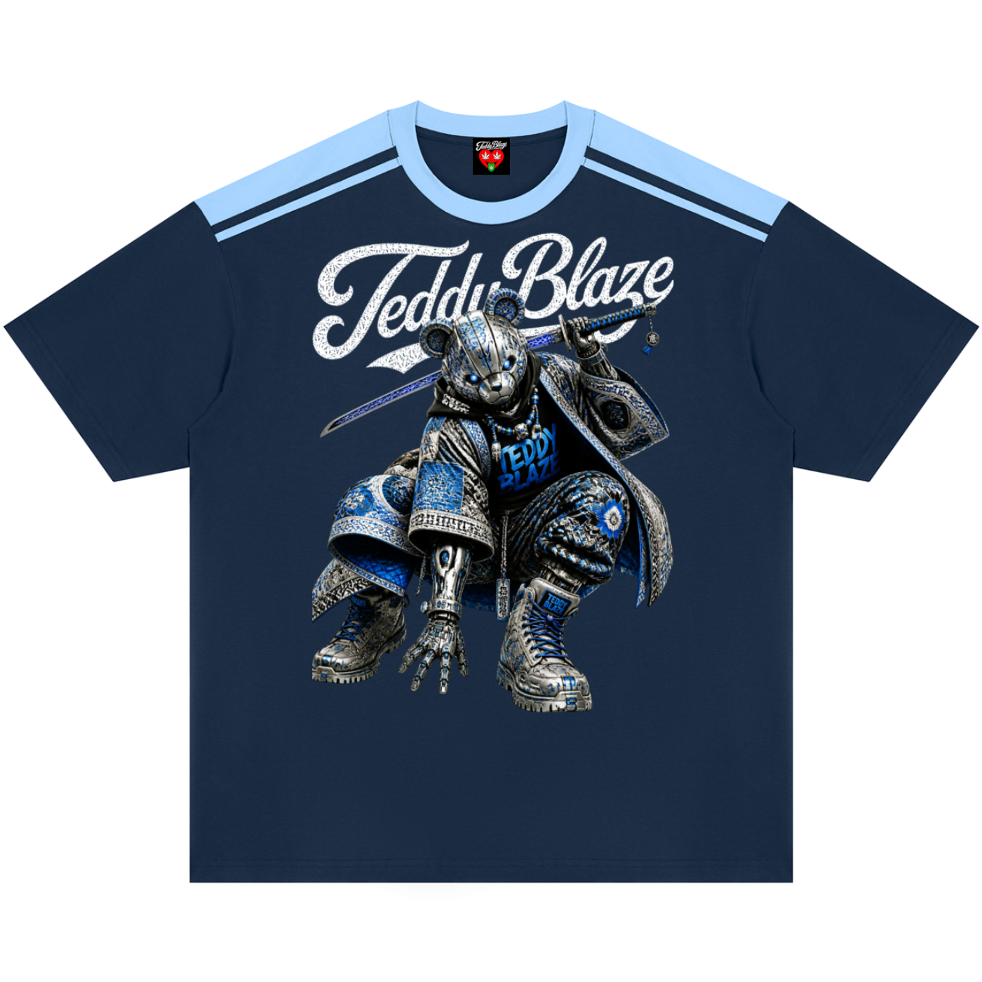 A navy blue short-sleeve t-shirt with a light blue shoulder stripe pattern and a large graphic of a robotic teddy bear wearing armor. The text 'Teddy Blaze' is printed in white across the chest.