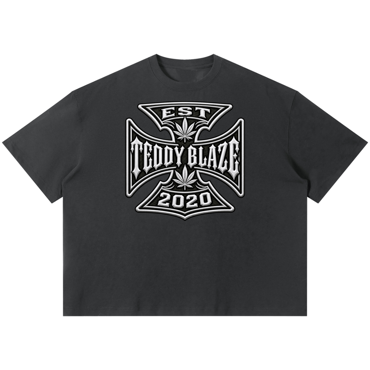 Shop the DaCruz Boxy Tee by Teddy Blaze. 220 GSM cotton-poly oversized drop-shoulder t-shirt with iron cross gothic emblem from TOPS BY TEDDY BLAZE.