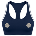 A navy blue sports bra with white double stripes along the shoulders and white underwire cups, featuring two circular gold-toned spiral designs on the cups, shown against a plain white background.