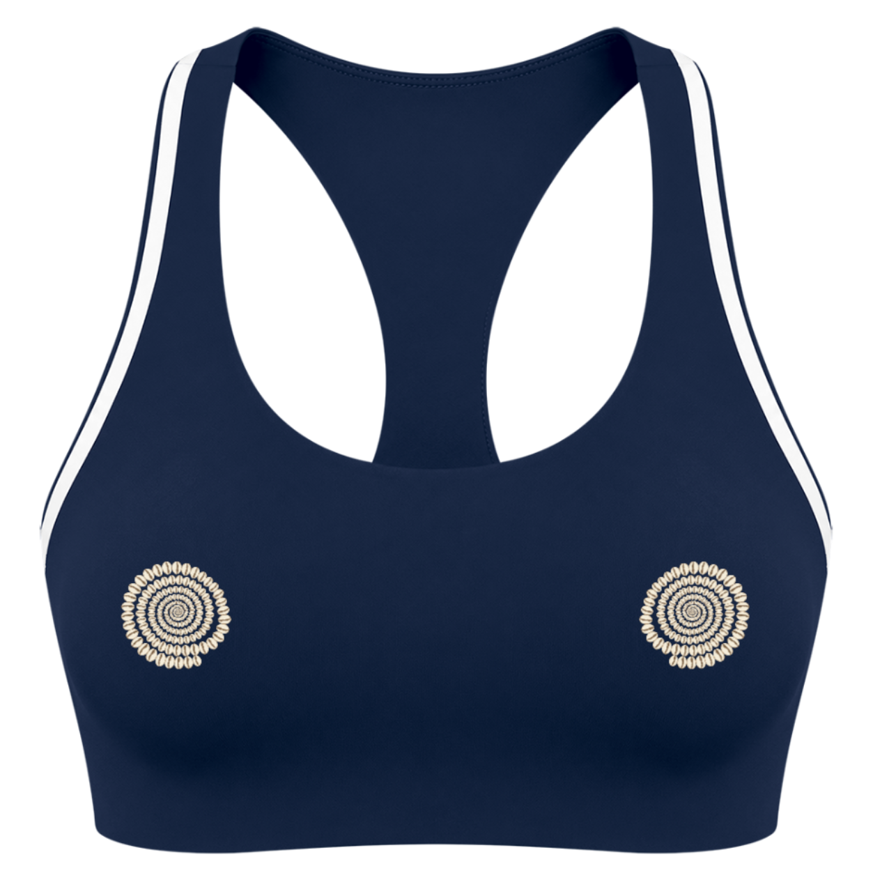 A navy blue sports bra with white double stripes along the shoulders and white underwire cups, featuring two circular gold-toned spiral designs on the cups, shown against a plain white background.