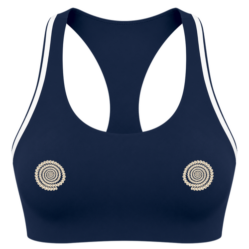 A navy blue sports bra with white double stripes along the shoulders and white underwire cups, featuring two circular gold-toned spiral designs on the cups, shown against a plain white background.