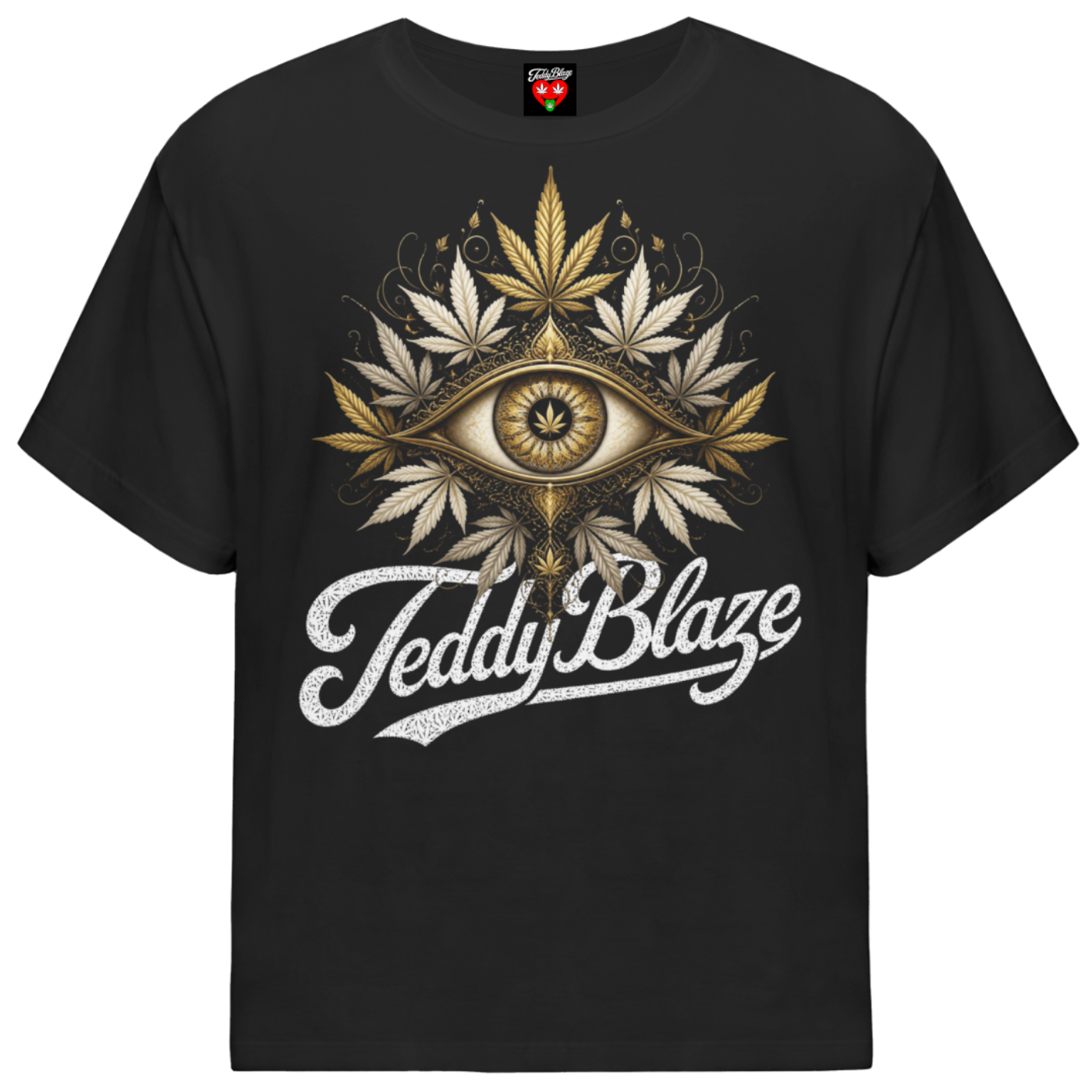 A black short-sleeve crewneck t-shirt featuring a graphic design of an all-seeing eye surrounded by cannabis leaves, with the text 'Teddy Blaze' written in white script below, displayed on a solid white background.