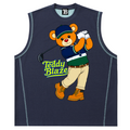 Navy sleeveless shirt with a teddy bear graphic and 'Teddy Blaze' text on a white background