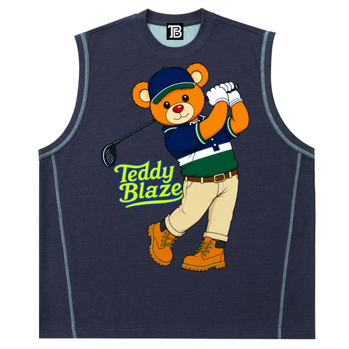 Navy sleeveless shirt with a teddy bear graphic and 'Teddy Blaze' text on a white background