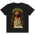 A black short-sleeve crewneck t-shirt featuring a large graphic print of a man with dreadlocks wearing a green and gold crown and jewelry, with the text 'TEPPY BLAZE' on the chest.
